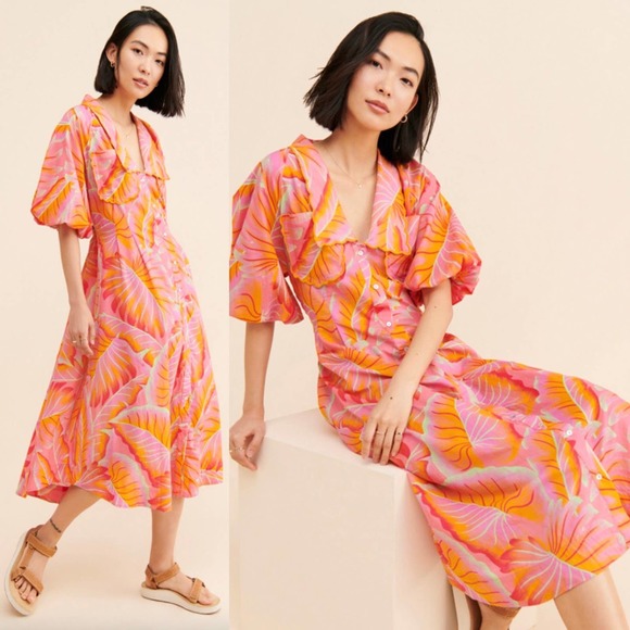 FARM Rio Dresses & Skirts - Farm Rio Bright Forest Button Front Midi Dress In Orange Size Medium New